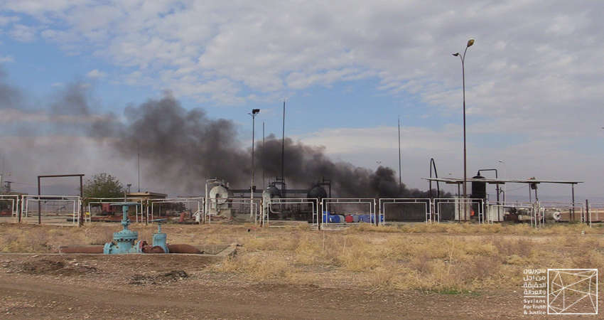 Fires in the Saida oil field due to airstrikes that targeted energy resources and civilian objects in Northeastern Syria during Turkey-led Operation Claw-Sword. Taken on 24 November 2022. Credit: STJ
