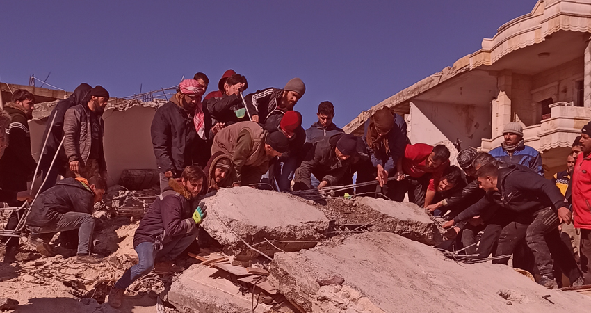 Cover_NES Locals trying to pull out survivors from under the debris of a collapsed building in Jindires district in rural Afrin that was hit by the 6 February 2023 earthquake. Locals are forced to help trapped persons themselves in the shadow of limited professional rescue capacities in Syria's Afrin and across the northwestern parts of the country. Credit: Local activists.