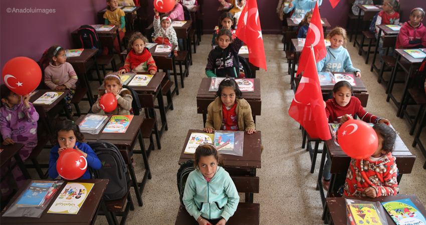 Syrian students carrying the Turkish falg in a classroom in one of Afrin's schools after 2018. Credit: Anadoluimages.