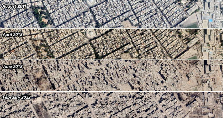 آثار الدمار في الجزء الجنوبي الغربي مخيم اليرموك في دمشق خلال سنوات النزاع السوري.