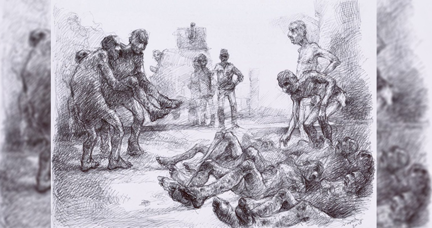 لوحة للفنان السوري والناجِ من التعذيب "نجاح البقاعي" يُظهر السجناء الذين يتعين عليهم إزالة جثث السجناء الآخرين داخل السجن.