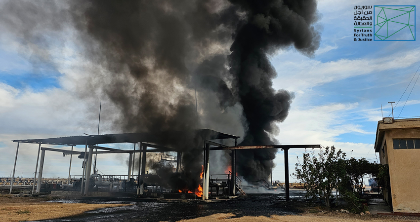 A side of the damage left by the deliberate Turkish bombardement of 5 October 2023 on Zaraba oil station in al-Qahtaniyah, rural Qamishli. Taken by: Evan Haseeb. Credit: STJ.