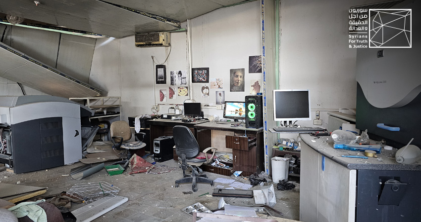 Destruction at the interior of Simav Printing Press, in Qamishil/Qamishlo city in northeast Syria, after a Turkish airstrike on 25 December 2023. Credit: STJ.